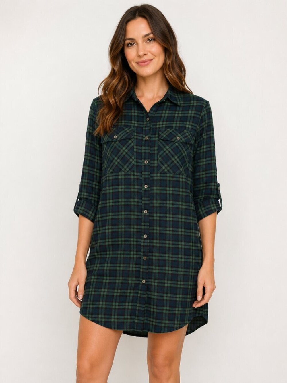 Umgee Medium Green Plaid Flannel Roll Tab Sleeve Button Up Shirt Dress Size M